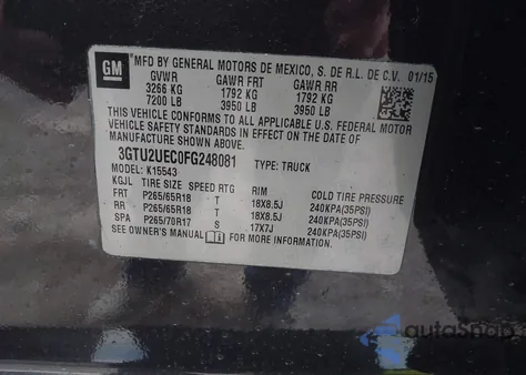 2015 GMC Sierra K1500 Sle z USA, uszkodzony, nr VIN 3GTU2UEC0FG248081